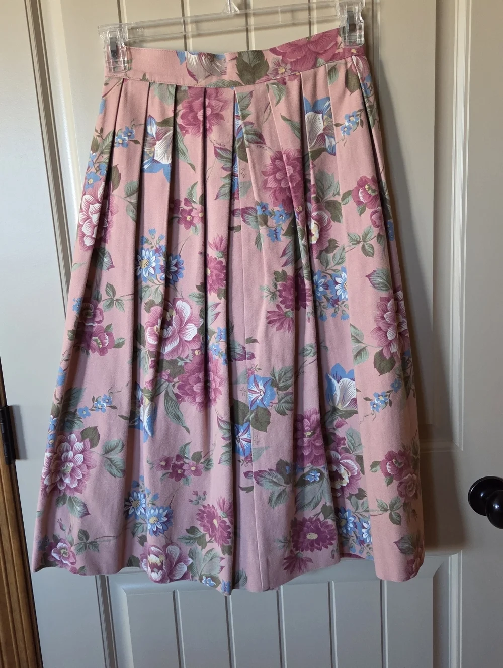 Vtg Ruff Hewn Floral Pleated Button Front Midi Skirt Pink Cotton Pockets USA 8